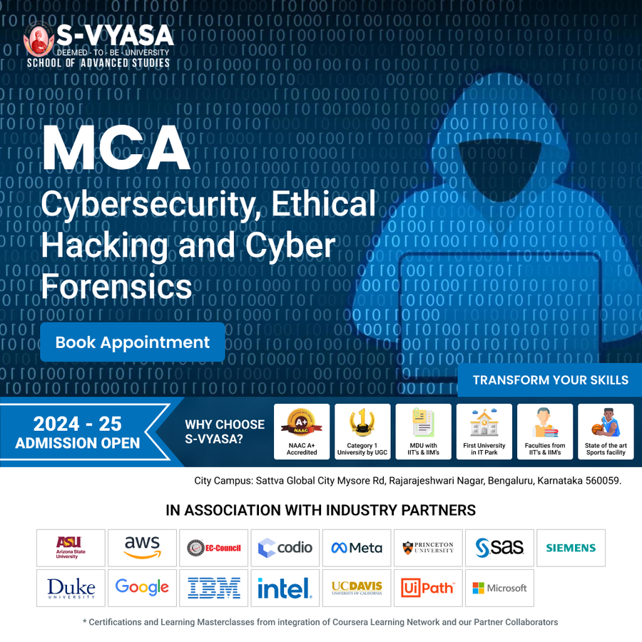 MCA Cybersecurity, EH and Cyber Forensics at S-VYASA University (Deemed-to-be-University), Bengaluru/Bangalore